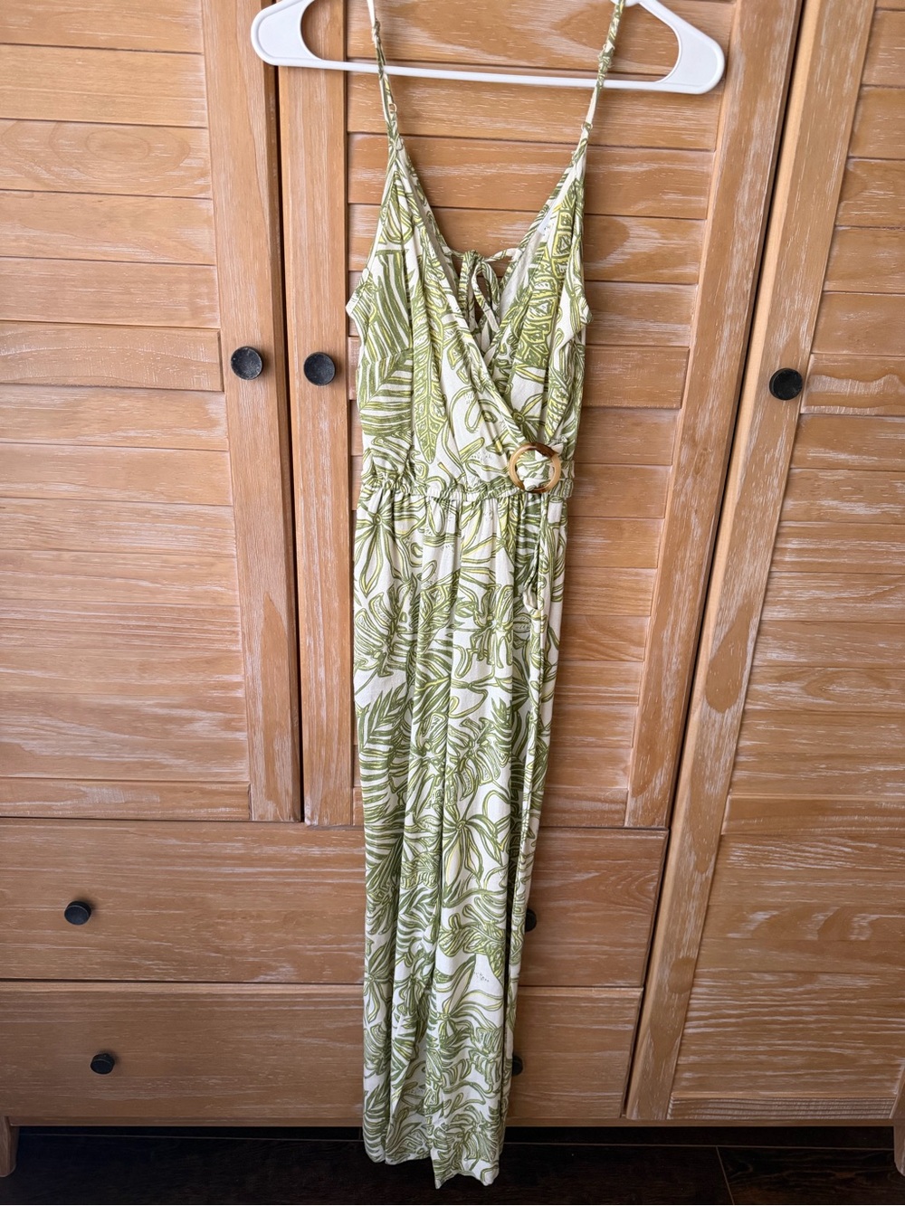 Sincerely Jules Linen Green Leaf Print Jumpsuit